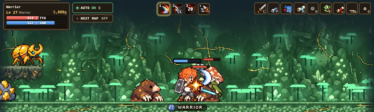 Grind Order strip: a warrior fighting in a glowing grotto